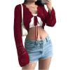 imageSHENHE Womens Hollow Out Tie Up Bell Sleeve Cropped Cardigan Sheer Crochet Shrug BoleroRed