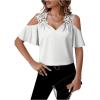 imageSHENHE Womens Satin Cold Shoulder Ruffle Short Sleeve V Neck Elegant Lace Blouse TopWhite