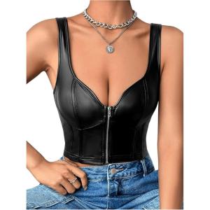 imageSHENHE Womens Casual Solid Sleeveless Spaghetti Strap Cami PU Leather Backless Crop TopsBlack a