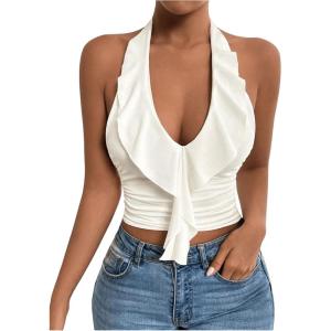 imageSHENHE Womens Deep V Halter Crop Top Ruffle Trim Sleeveless Slim Fit Going Out Tank TopWhite