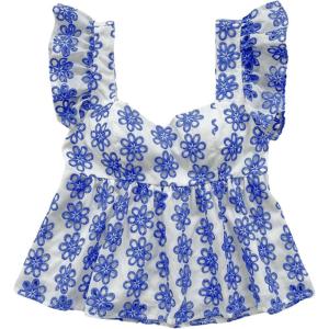 imageSHENHE Womens Floral Babydoll Tops Ruffle Sleeve Sweetheart Neck Flowy Cute Peplum Top VacationBlue and White