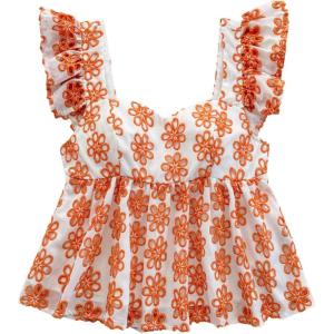 imageSHENHE Womens Floral Babydoll Tops Ruffle Sleeve Sweetheart Neck Flowy Cute Peplum Top VacationOrange
