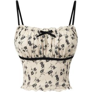 imageSHENHE Womens Floral Bustier Top Ruched Spaghetti Strap Cute Bow Top Crop Cami Tank Black and White Small