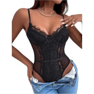 imageSHENHE Womens Floral Lace Spaghetti Strap Sheer Mesh Sleeveless Cami Bodysuit TopsBlack