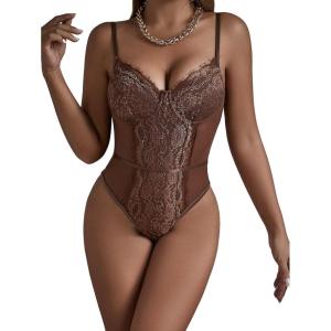 imageSHENHE Womens Floral Lace Spaghetti Strap Sheer Mesh Sleeveless Cami Bodysuit TopsBrown