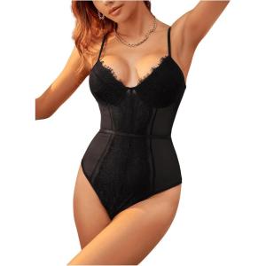 imageSHENHE Womens Floral Lace Spaghetti Strap Sheer Mesh Sleeveless Cami Bodysuit TopsDark Black