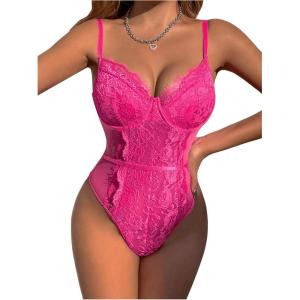 imageSHENHE Womens Floral Lace Spaghetti Strap Sheer Mesh Sleeveless Cami Bodysuit TopsHot Pink