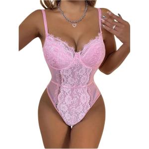 imageSHENHE Womens Floral Lace Spaghetti Strap Sheer Mesh Sleeveless Cami Bodysuit TopsPink