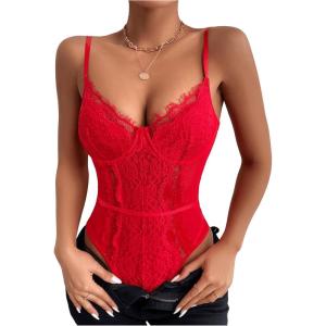 imageSHENHE Womens Floral Lace Spaghetti Strap Sheer Mesh Sleeveless Cami Bodysuit TopsRed