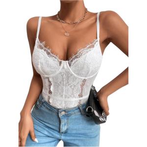 imageSHENHE Womens Floral Lace Spaghetti Strap Sheer Mesh Sleeveless Cami Bodysuit TopsWhite