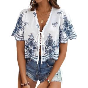 imageSHENHE Womens Front Tie Crop Tops Puff Short Sleeve Eyelet Summer Boho Blouse ShirtsBlue and White