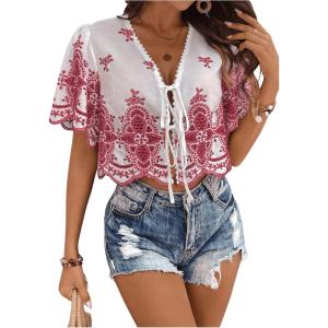 imageSHENHE Womens Front Tie Crop Tops Puff Short Sleeve Eyelet Summer Boho Blouse ShirtsRed and White