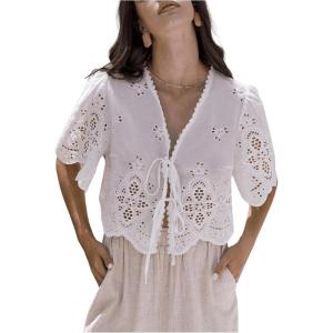 imageSHENHE Womens Front Tie Crop Tops Puff Short Sleeve Eyelet Summer Boho Blouse ShirtsWhite