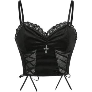 imageSHENHE Womens Goth Contrast Lace Lace Up Mesh Bralette Cami Top Spaghetti Strap Sleeveless Cami Tank Crop TopsGothic Black