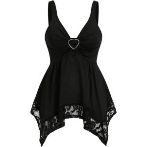 imageSHENHE Womens Goth Tank Top Y2K Heart Ring V Neck Lace Trim Sleeveless Tank TopsBlack