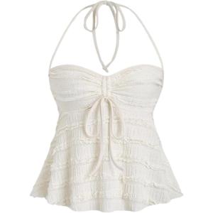 imageSHENHE Womens Halter Neck Babydoll Top Bow Front Ruched Lace Trim Flowy Tank TopApricot