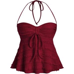 imageSHENHE Womens Halter Neck Babydoll Top Bow Front Ruched Lace Trim Flowy Tank TopBurgundy
