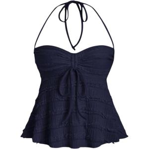imageSHENHE Womens Halter Neck Babydoll Top Bow Front Ruched Lace Trim Flowy Tank TopDeep Blue