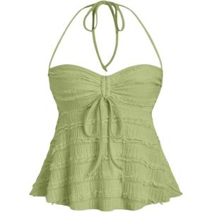 imageSHENHE Womens Halter Neck Babydoll Top Bow Front Ruched Lace Trim Flowy Tank TopGreen