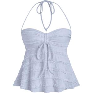 imageSHENHE Womens Halter Neck Babydoll Top Bow Front Ruched Lace Trim Flowy Tank TopLight Blue