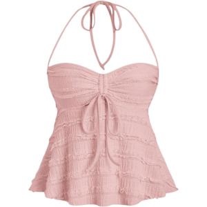 imageSHENHE Womens Halter Neck Babydoll Top Bow Front Ruched Lace Trim Flowy Tank TopPink