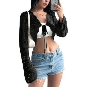 imageSHENHE Womens Hollow Out Tie Up Bell Sleeve Cropped Cardigan Sheer Crochet Shrug BoleroBlack