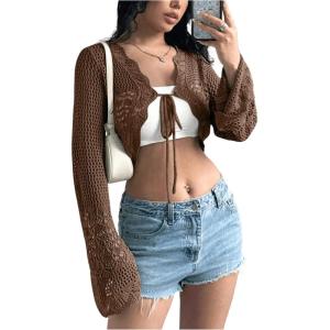 imageSHENHE Womens Hollow Out Tie Up Bell Sleeve Cropped Cardigan Sheer Crochet Shrug BoleroBrown