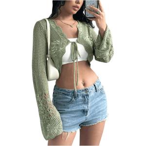 imageSHENHE Womens Hollow Out Tie Up Bell Sleeve Cropped Cardigan Sheer Crochet Shrug BoleroGreen