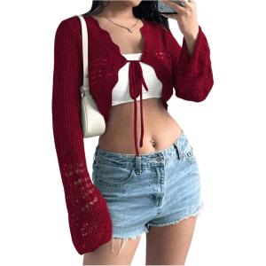 imageSHENHE Womens Hollow Out Tie Up Bell Sleeve Cropped Cardigan Sheer Crochet Shrug BoleroRed