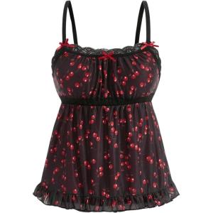 imageSHENHE Womens Lace Sleeveless Cami Crop Top Strap Summer Boho Ruffle Hem TopBlack