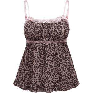 imageSHENHE Womens Lace Sleeveless Cami Crop Top Strap Summer Boho Ruffle Hem TopLeopard Print Brown