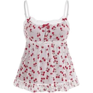 imageSHENHE Womens Lace Sleeveless Cami Crop Top Strap Summer Boho Ruffle Hem TopWhite