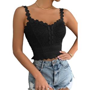 imageSHENHE Womens Lace Trim Smocked Sleeveless Cute V Neck Cropped Tank Top CamisoleBlack