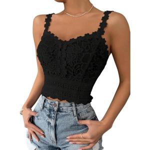 imageSHENHE Womens Lace Trim Smocked Sleeveless Cute V Neck Cropped Tank Top CamisoleBlack B