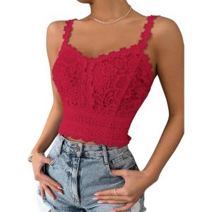 imageSHENHE Womens Lace Trim Smocked Sleeveless Cute V Neck Cropped Tank Top CamisoleRose Red