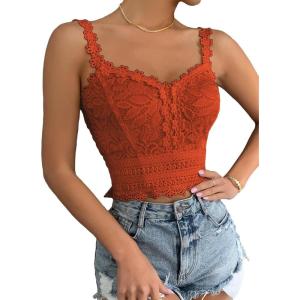 imageSHENHE Womens Lace Trim Smocked Sleeveless Cute V Neck Cropped Tank Top CamisoleRust Brown