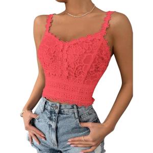 imageSHENHE Womens Lace Trim Smocked Sleeveless Cute V Neck Cropped Tank Top CamisoleSalmon Pink