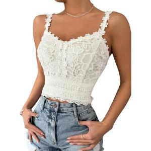 imageSHENHE Womens Lace Trim Smocked Sleeveless Cute V Neck Cropped Tank Top CamisoleWhite B