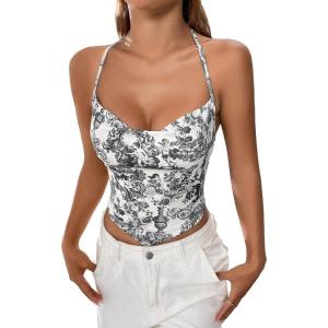 imageSHENHE Womens Tie Halter Neck Backless Draped Asymmetrical Floral Boho Cute Crop TopBlack and White