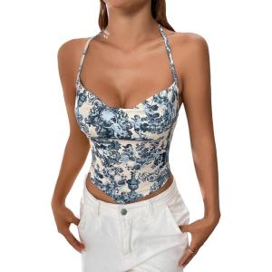 imageSHENHE Womens Tie Halter Neck Backless Draped Asymmetrical Floral Boho Cute Crop TopBlue