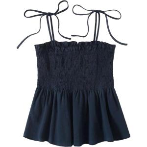 imageSHENHE Womens Tie Shoulder Shirred Ruffle Hem Spaghetti Strap Cute Camisole Peplum TopNavy Blue