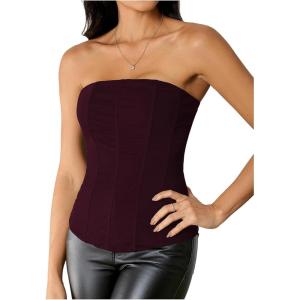 imageSHENHE Womens Vintage Strapless Boned Mesh Bustier Corset Top Bodyshaper Tube TopBrown
