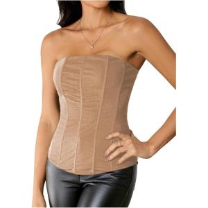 imageSHENHE Womens Vintage Strapless Boned Mesh Bustier Corset Top Bodyshaper Tube TopKhaki