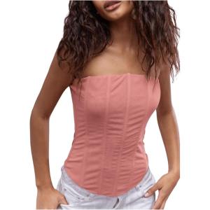 imageSHENHE Womens Vintage Strapless Boned Mesh Bustier Corset Top Bodyshaper Tube TopPink