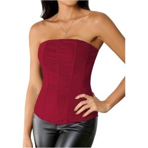 imageSHENHE Womens Vintage Strapless Boned Mesh Bustier Corset Top Bodyshaper Tube TopRed