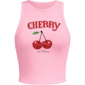 imageSHENHE Womens Y2k Cherry Tank Top Crew Neck Graphic Fitted Sleeveless Crop Tank ShirtPink