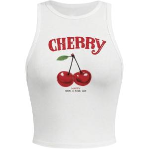 imageSHENHE Womens Y2k Cherry Tank Top Crew Neck Graphic Fitted Sleeveless Crop Tank ShirtWhite
