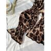 imageSHENHE Womens Leopard Off Shoulder Ruffle Hem Smocked Flounce Sleeve Peplum Top Blouse Coffee Brown Medium