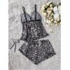imageSHENHE Womens Mesh Pajama Set Ruffle Trim Cami and Shorts Sexy Sleepwear Leopard Pj SetBlack and White