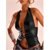 imageSHENHE Womens PU Leather Lace Up Halter Bustier Top Deep V Backless Sexy Club Rave Crop TopBlack